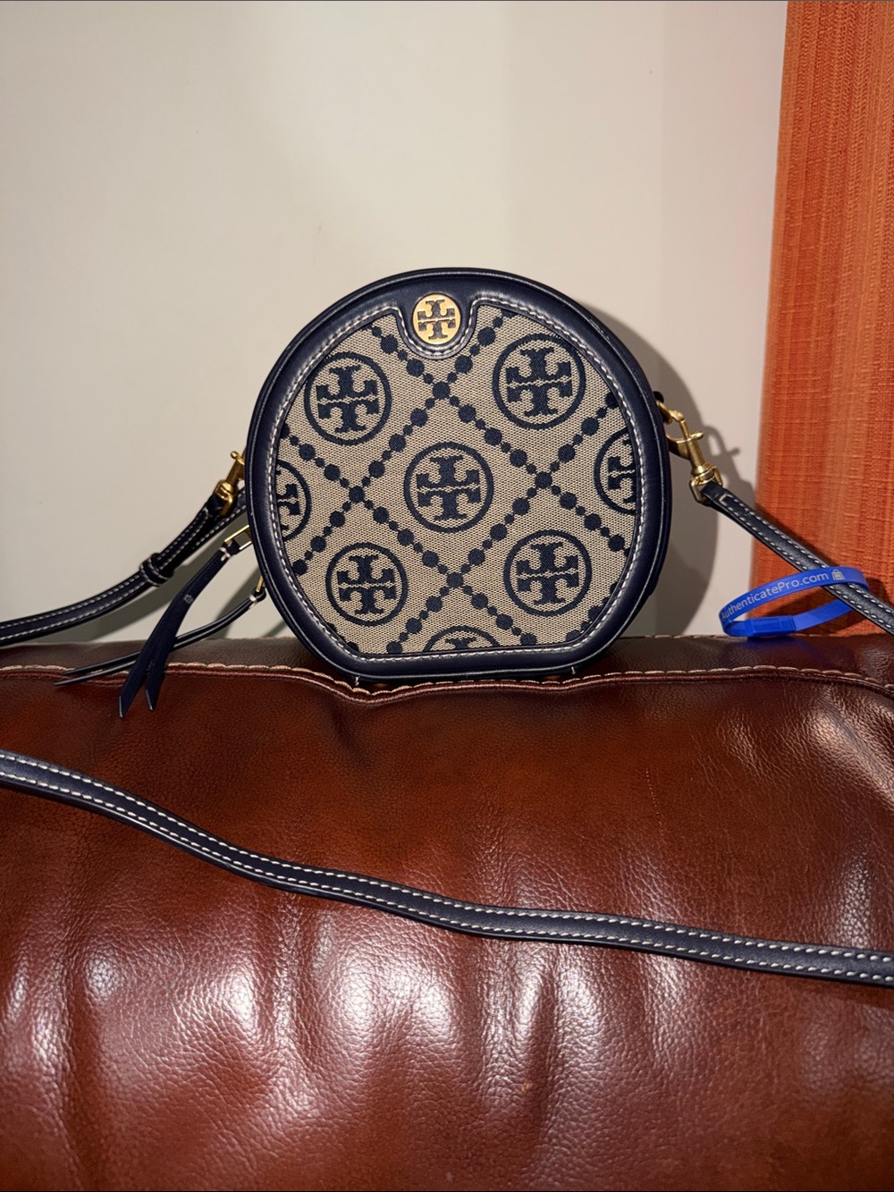 ‼️Tory Burch Blue T Monogram Jacquard Moon Crossbody Bag